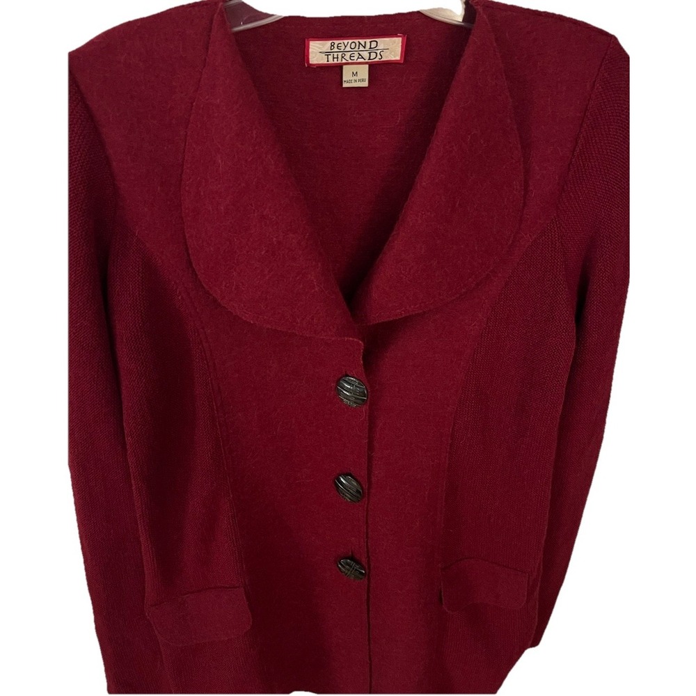 Beyond Thread Three Button Alpaca & Boiled Wool Knit Medium Blazer‎ Coat In Wine - Picture 2 of 7